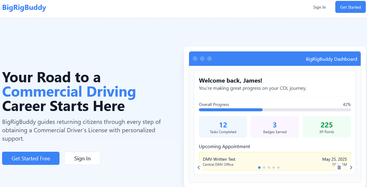 BigRigBuddy homepage next to a preview of an in-progress account