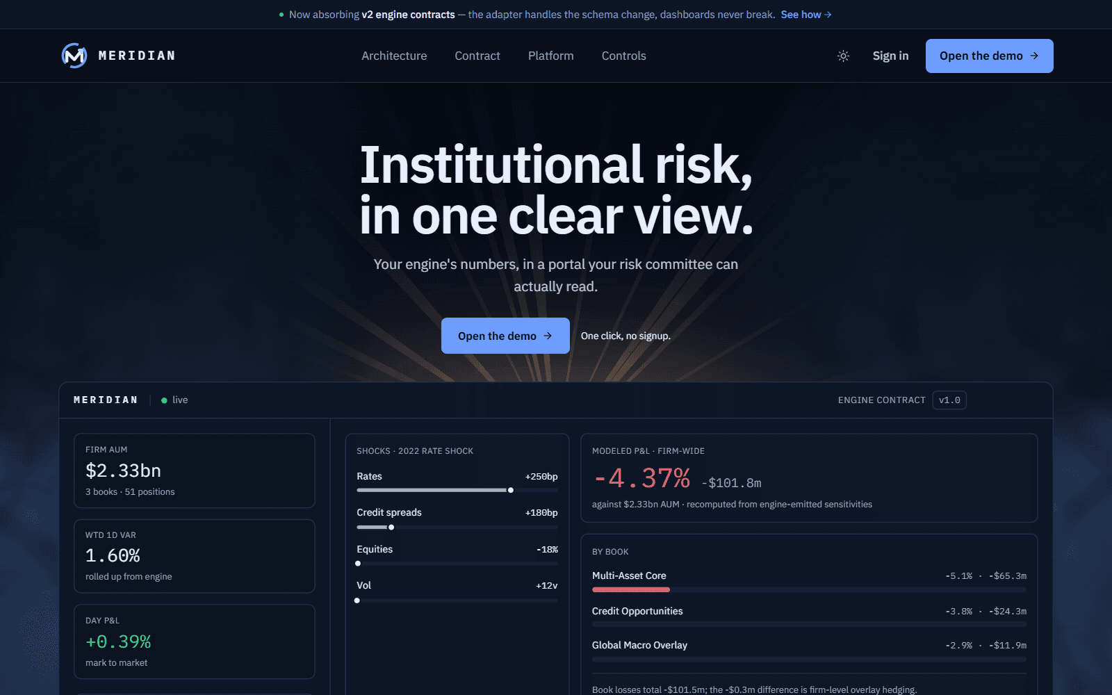 Meridian landing page in its storm theme: a headline over a dark stormy sky with light breaking through, and the portal dashboard below it