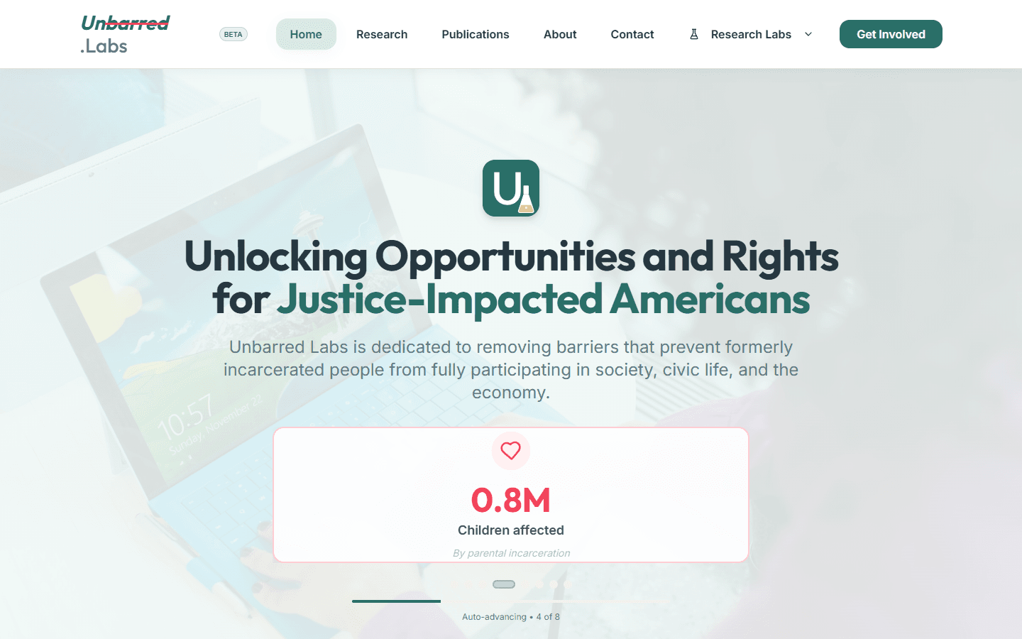 Unbarred Labs homepage hero: "Unlocking Opportunities and Rights for Justice-Impacted Americans", above an auto-advancing stat card